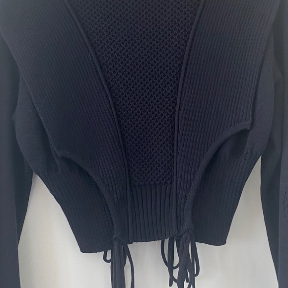 Fendi Knitwear Pullover- Tie-Detailed Paneled Cotton Sweater- Navy Blue - Picture 2 of 6